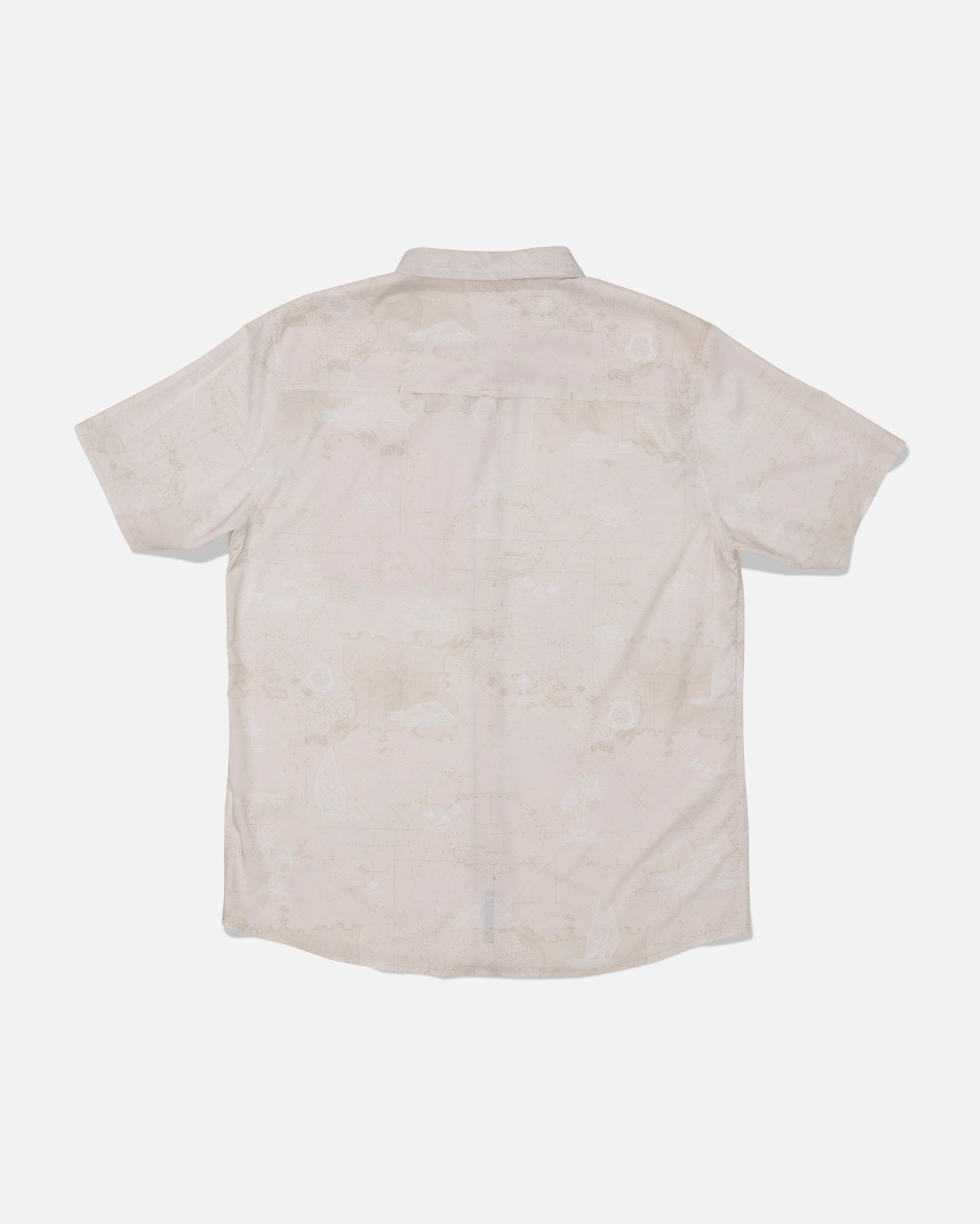 The Salty Crew Flagship UV Button Up in Off White is a short-sleeve, light-colored shirt displayed flat with the back facing up. It features a collar, straight hem, and a subtle, barely visible pattern. Engineered for all-day comfort in any climate, this button-up offers quick-dry performance and UPF 50+ sun protection.