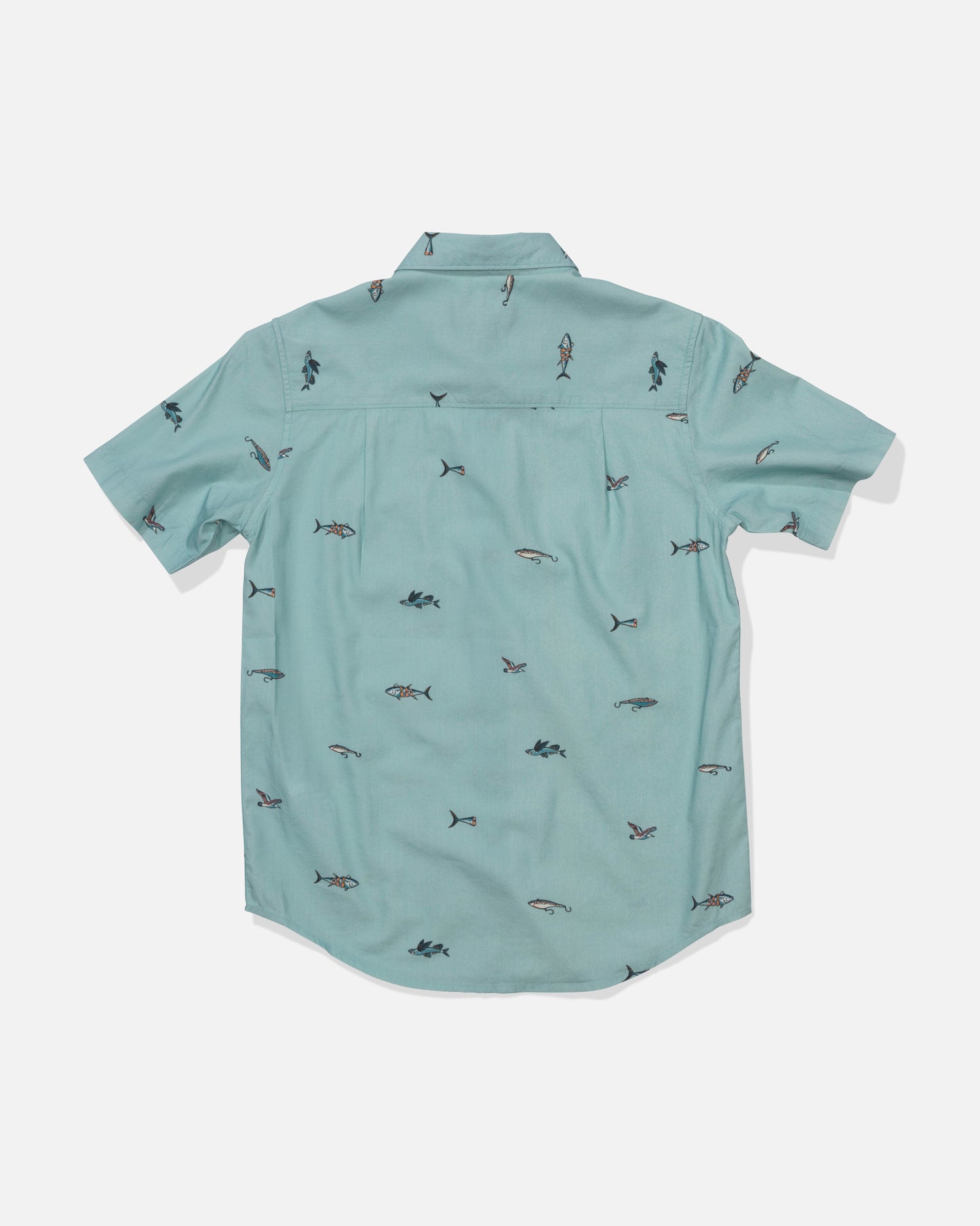 The Crew Button Up - Seaside is a light blue, short-sleeve button-up shirt in a mid-weight cotton blend, featuring an allover print of small dark fish and marine life. Shown laid flat with the back facing up on a white background.