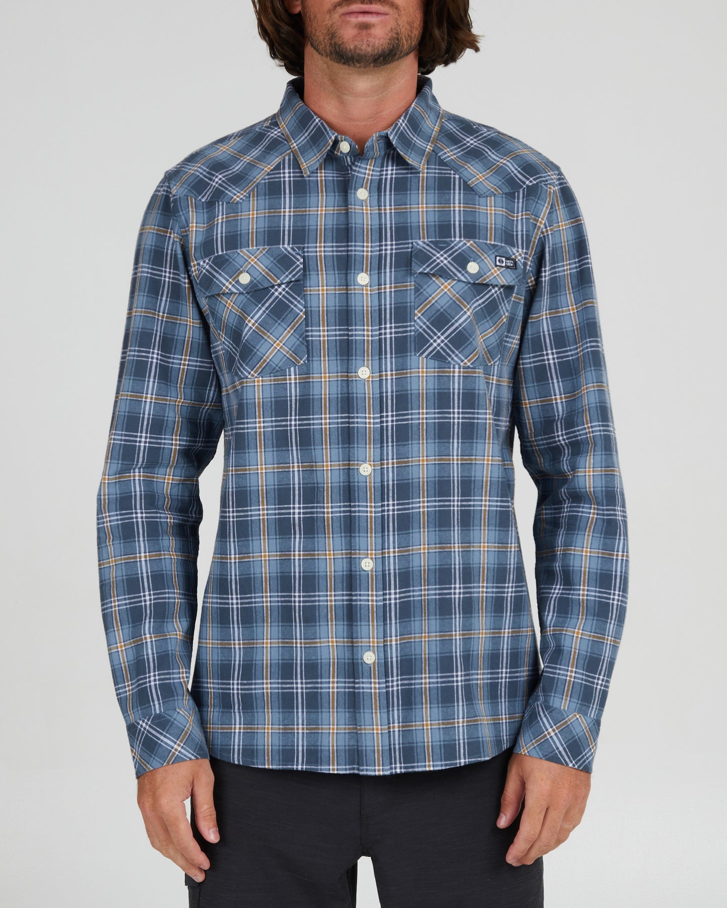 On body front of the Herdsman Dark Slate Flannel