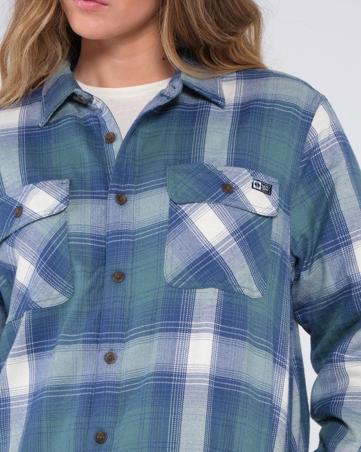 On body close up shot of the Chore Atlantic Green Shacket