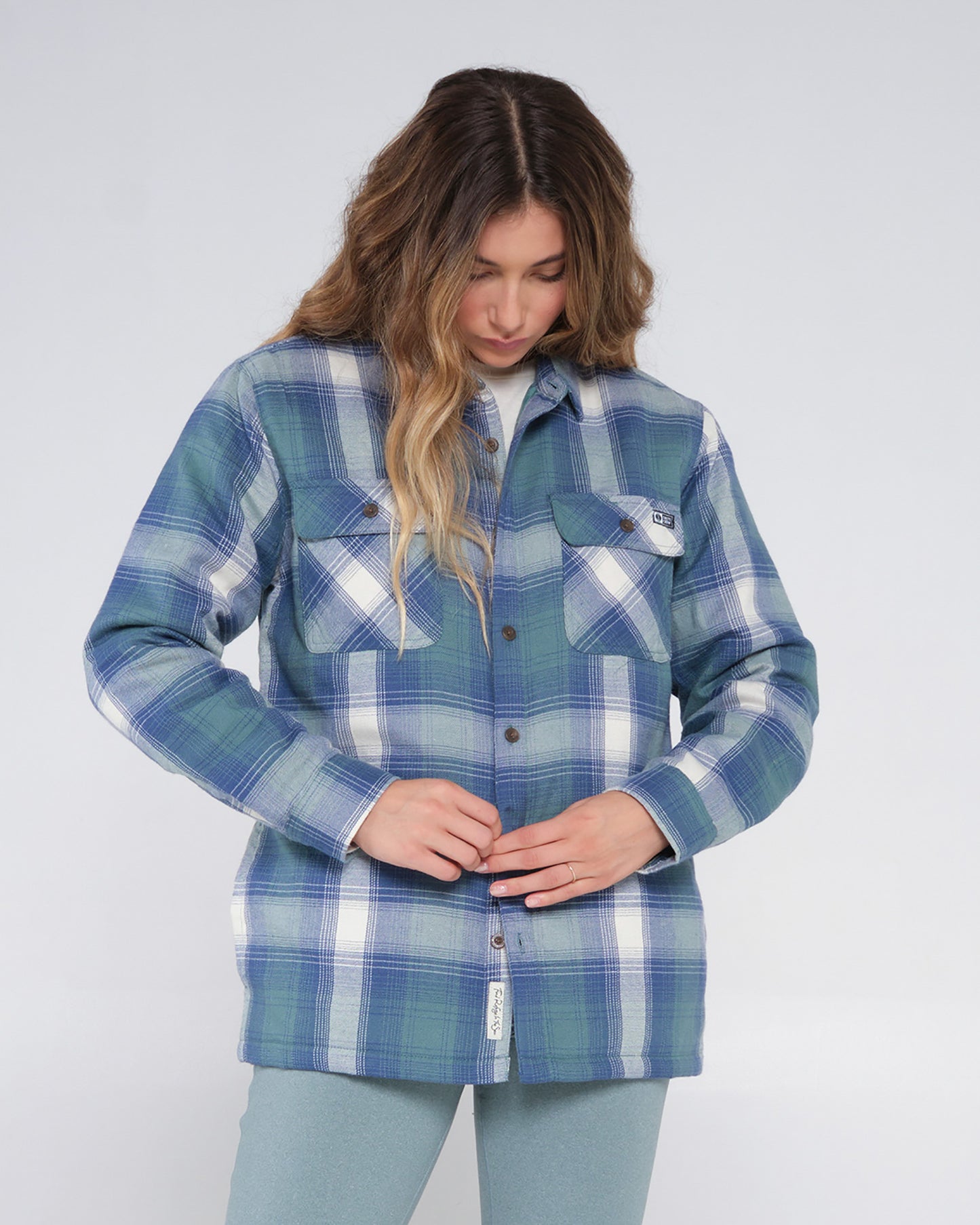 On body front of the Chore Atlantic Green Shacket