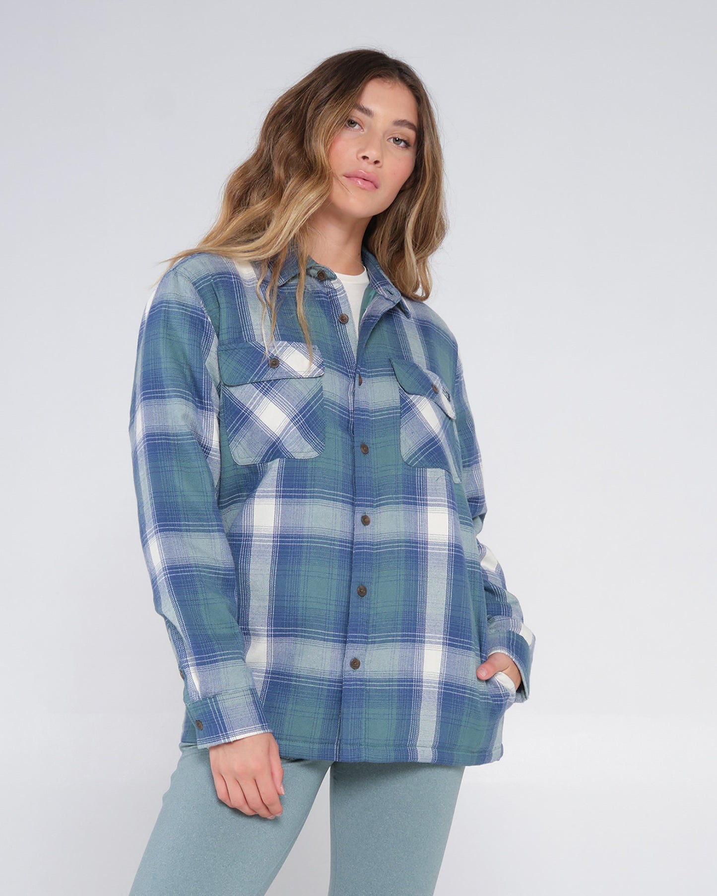 On body front of the Chore Atlantic Green Shacket