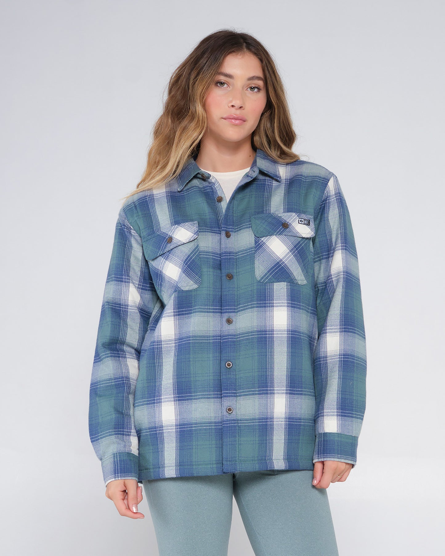 On body front of the Chore Atlantic Green Shacket