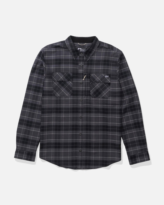 Front view of the Fathom Tech Flannel - Black Grey.