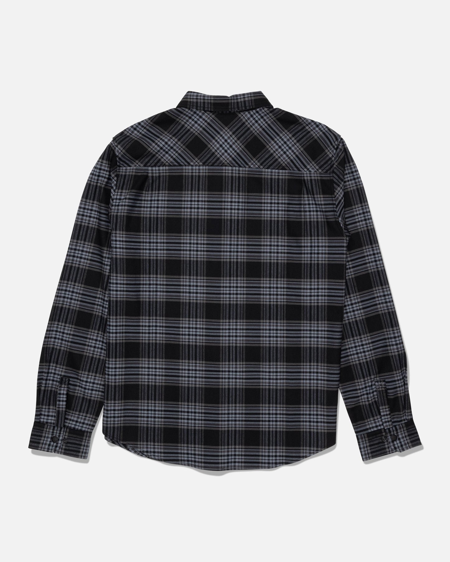 Salty Crew’s Fathom Tech Flannel - Dark Grey is a long-sleeve button-up shirt featuring a black and gray yarn-dyed plaid pattern, shown from the back against a white background.