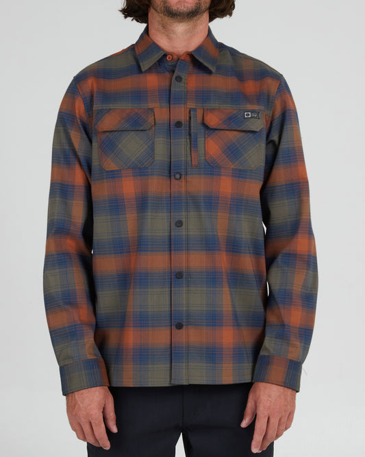 On body front of the Fathom Earth Tech Flannel