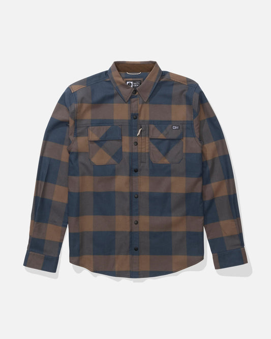 Front view of the Fathom Tech Flannel - Navy/Rust.