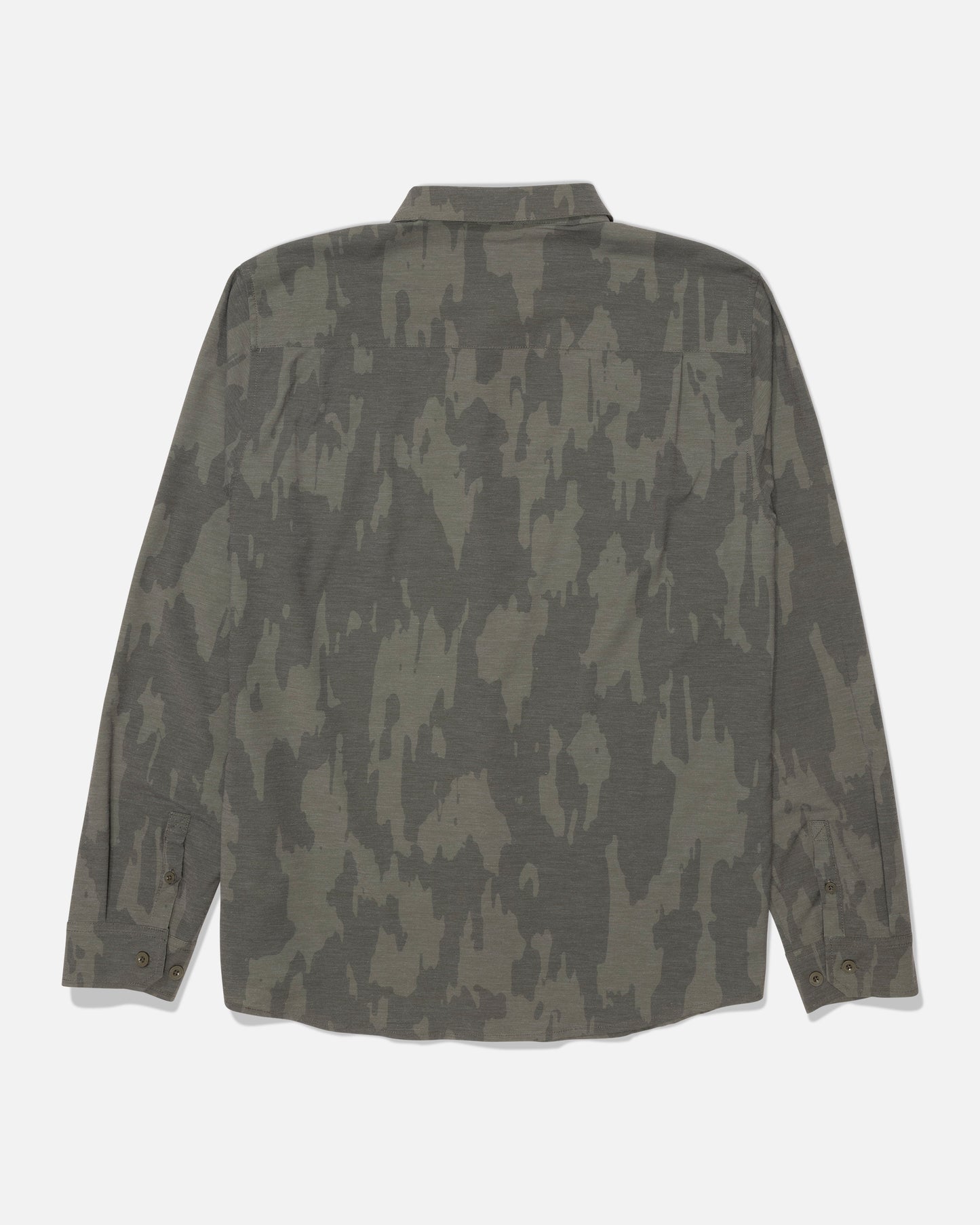 The Salty Crew Drifter Long Sleeve UV Button Up - Ranger is shown from the back against a white background, featuring a green and brown camouflage pattern, button-up front, and UPF 50+ sun protection for comfortable wear outdoors.