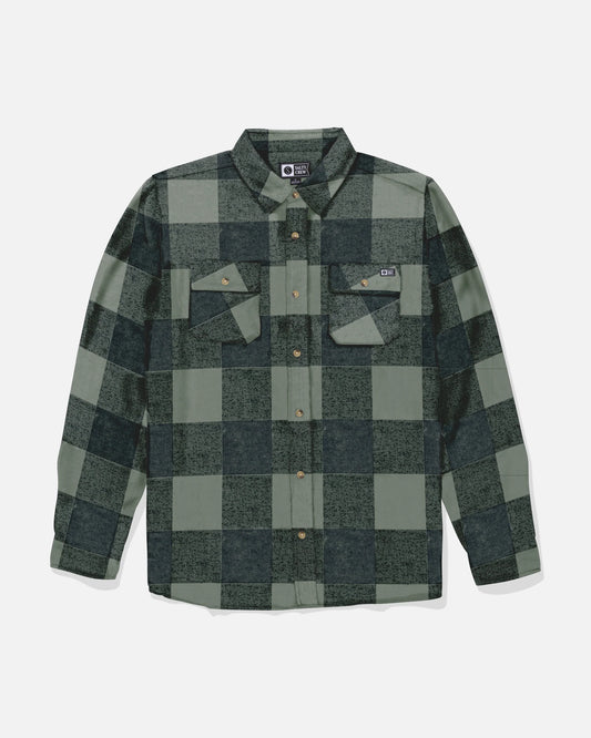 Salty Crew’s Daybreak Flannel in Green/Black features a yarn-dyed plaid design with long sleeves, a front collar, and two chest pockets. Crafted from soft cotton polyester twill, this button-up shirt is shown laid flat on a white background.