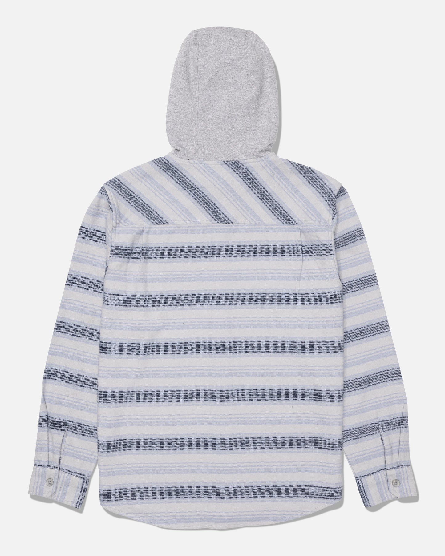 The Salty Crew Whitewash Hooded Flannel in Harbor Grey is a cozy cotton heavyweight twill shirt, featuring long sleeves, a button-up design, blue, white, and light gray horizontal stripes, and a light gray fleece hood—shown here from the back.