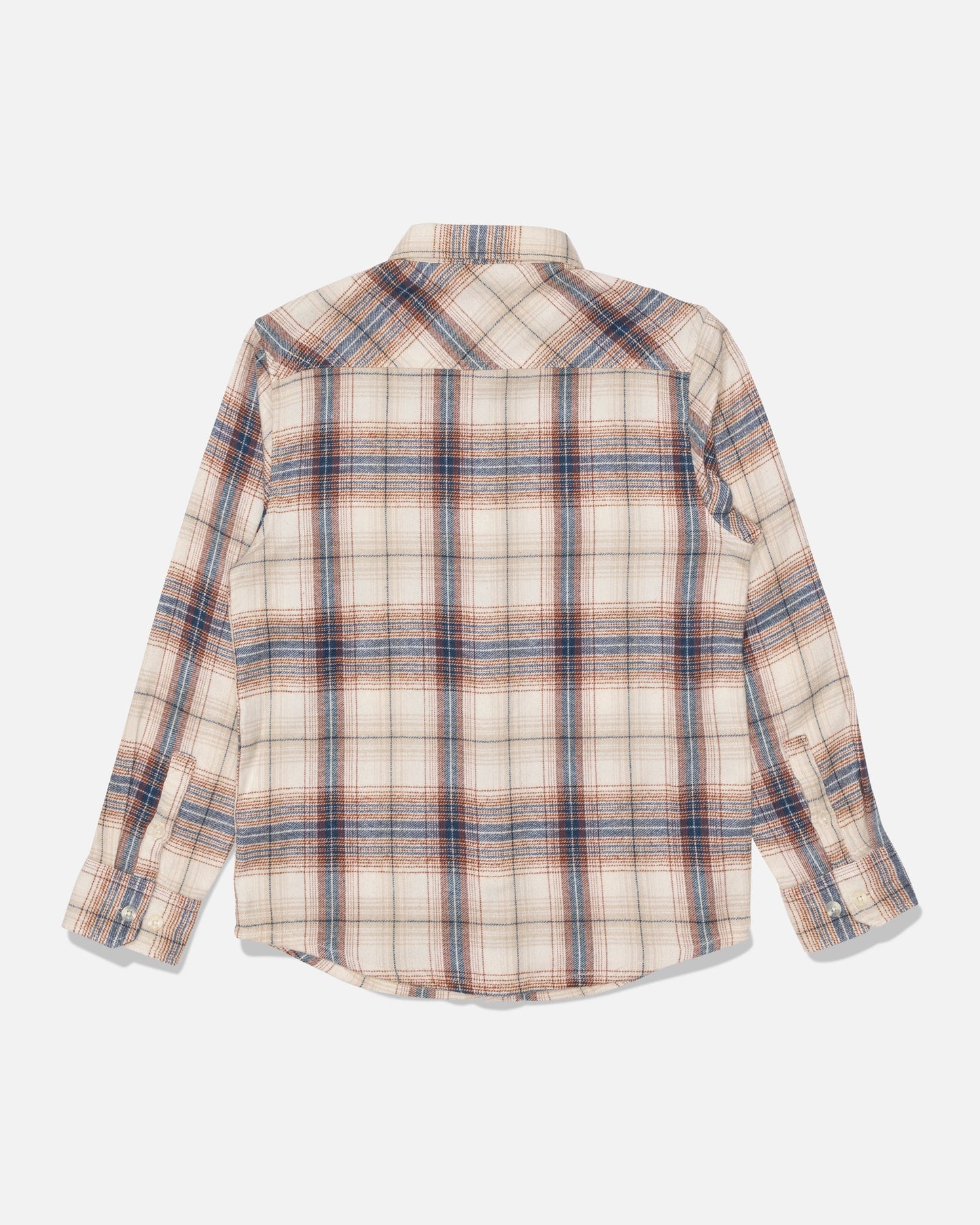 The Salty Crew Daybreak Boys Flannel in Off White is laid flat and shown from the back on a white background. Featuring a cream, blue, and red yarn-dyed plaid pattern, this long-sleeve button-up shirt is crafted from cotton polyester twill and finished with a soft hand garment wash for optimal comfort and style.