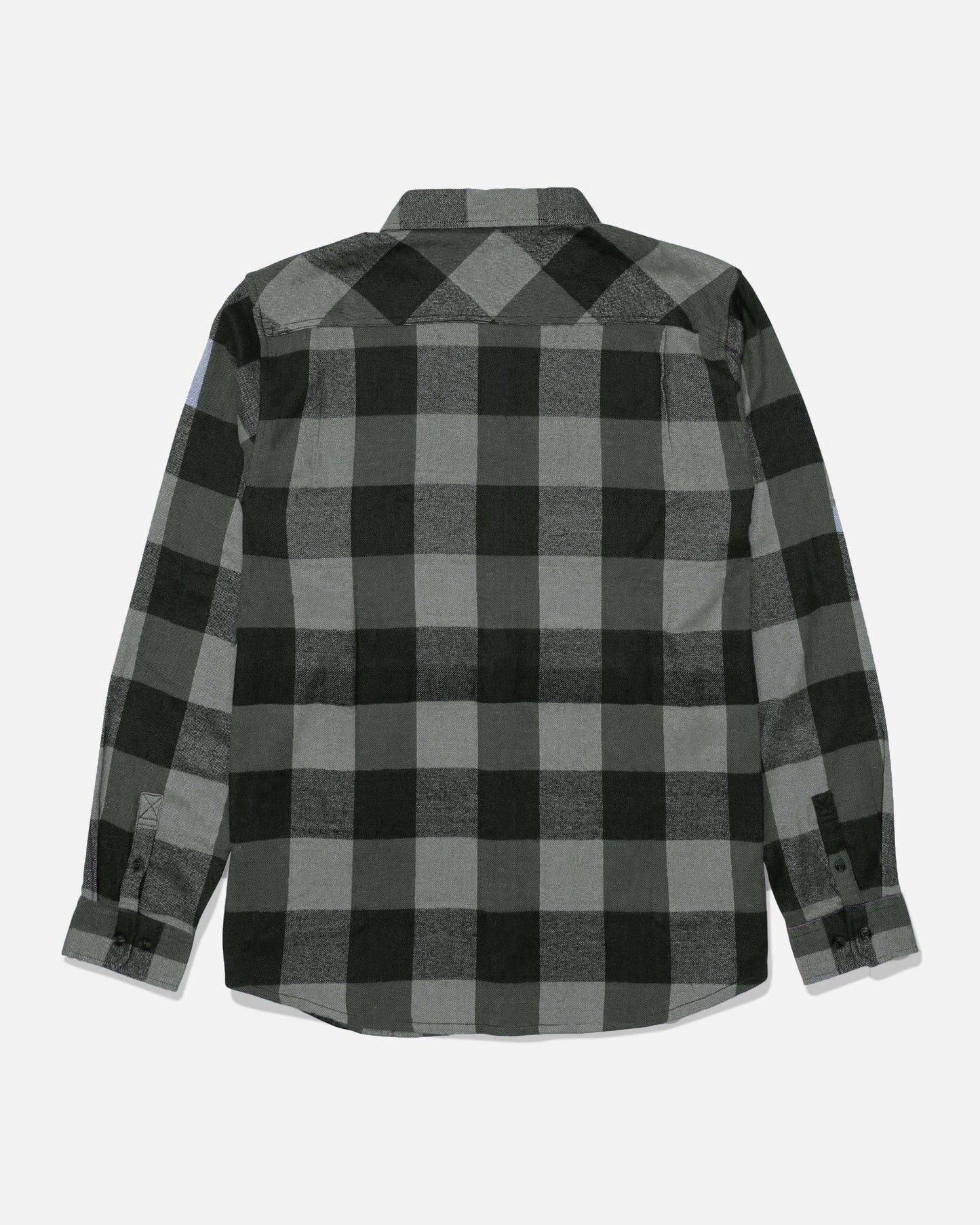 The Salty Crew Daybreak Flannel - Green/Black is a long-sleeve button-down shirt featuring a large green and black checkered, yarn-dyed plaid pattern, crafted from mid-weight twill and shown from the back on a white background.