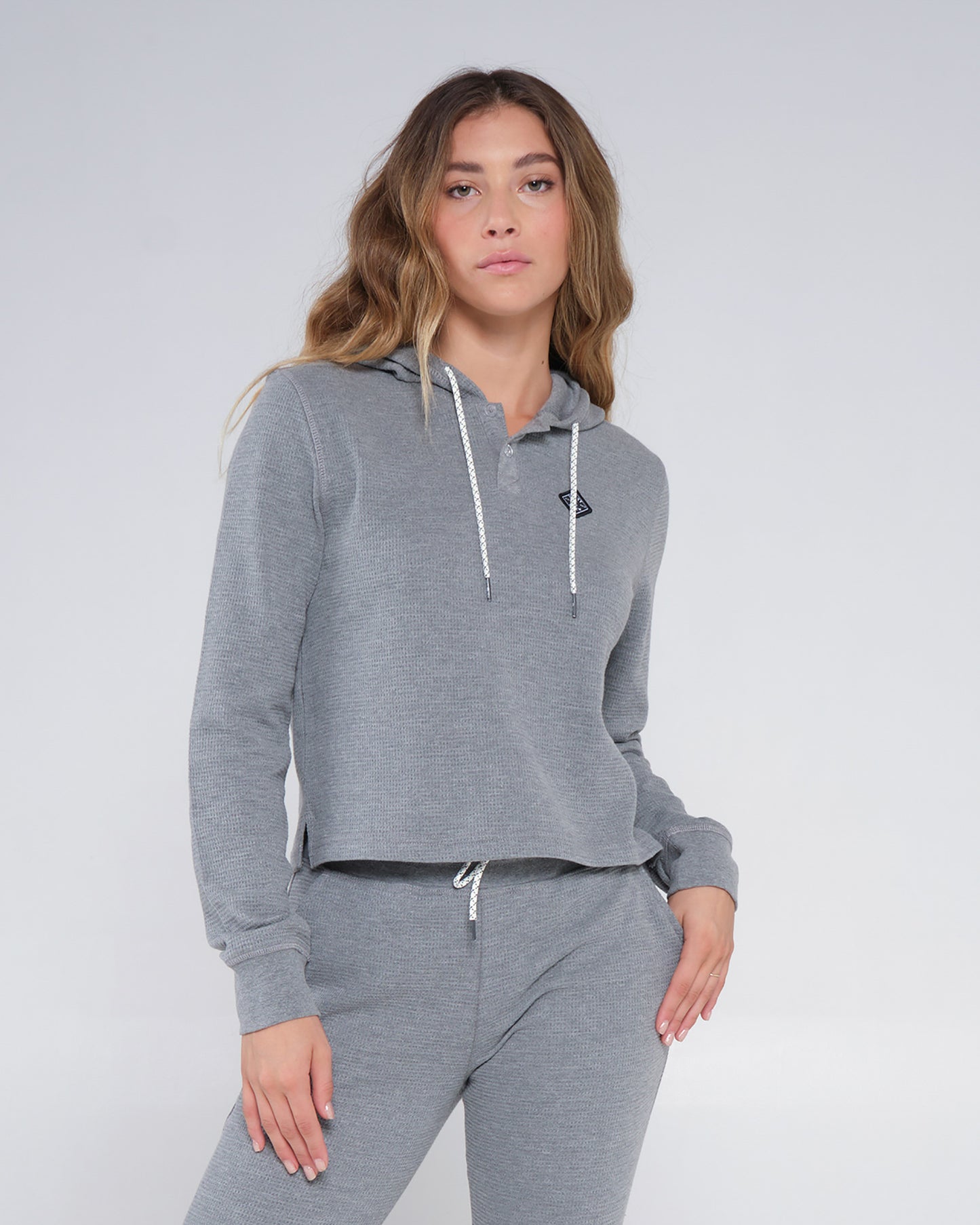 On body front of the Tippet Henley Heather Grey Hoody