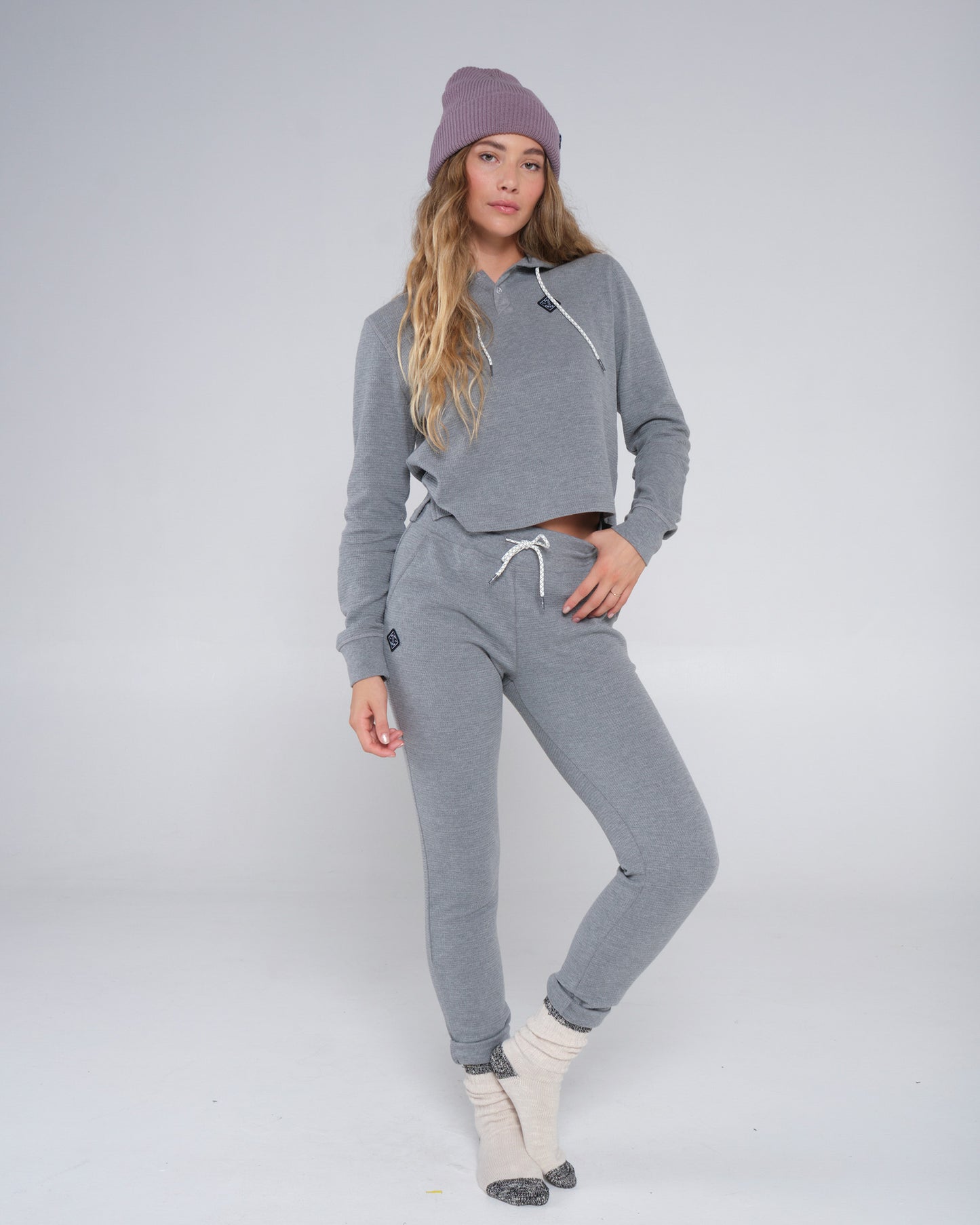 On body front of the Tippet Henley Heather Grey Hoody