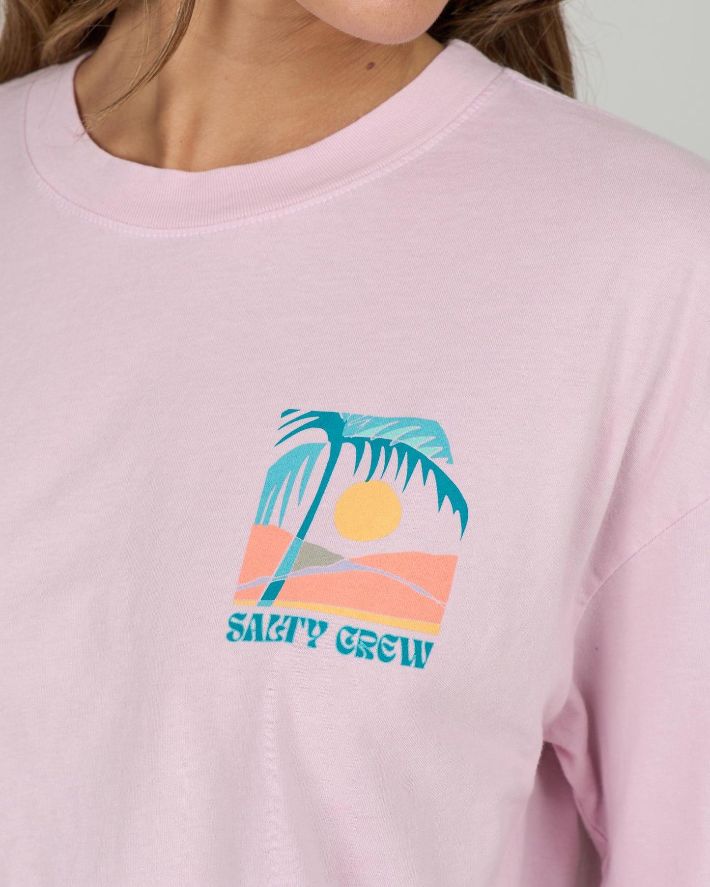 Close up front view of the Travel Far Skimmer Tee - Pink Skies.