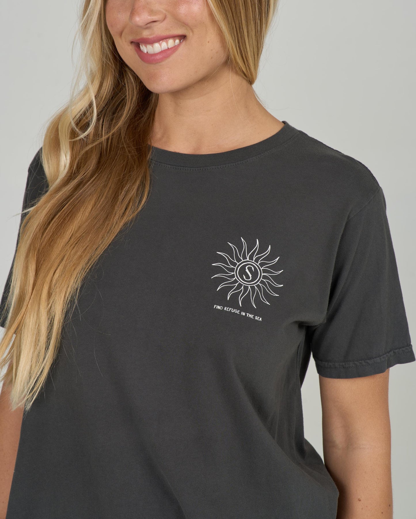 Close up front view of the Zodiac Boyfriend Tee - Charcoal.