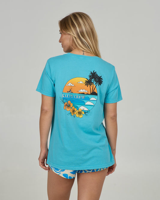 Back view of the Sunset Boyfriend Tee - Turquoise.