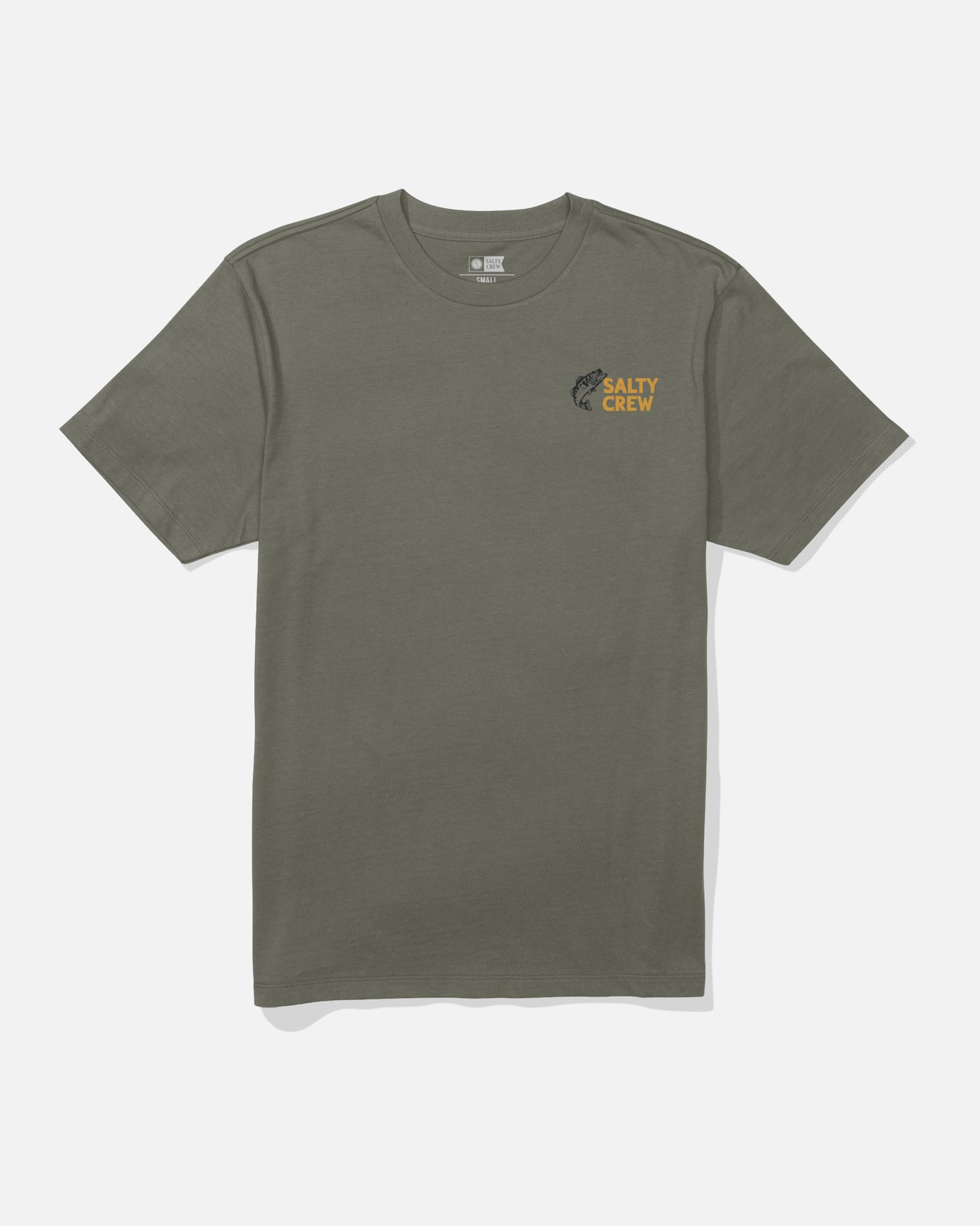 The Salty Crew Bait Shop Tee in Dusty Olive features soft combed ringspun cotton, a small black fish graphic, and yellow SALTY CREW text screenprinted on the left chest. The shirt is displayed flat on a white background.