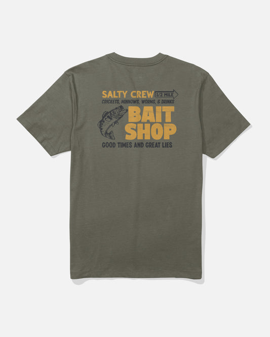 Salty Crew Bait Shop Tee in dusty olive features a cotton build with a screenprinted fish graphic and yellow and black text: Crickets, Minnows, Worms & Drinks—Good Times and Great Lies.