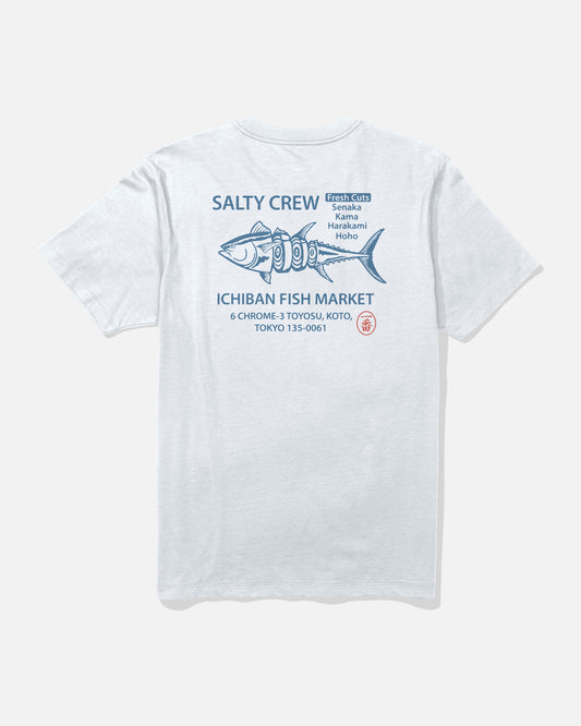 White t-shirt with Salty Crew fish market graphic on a white background