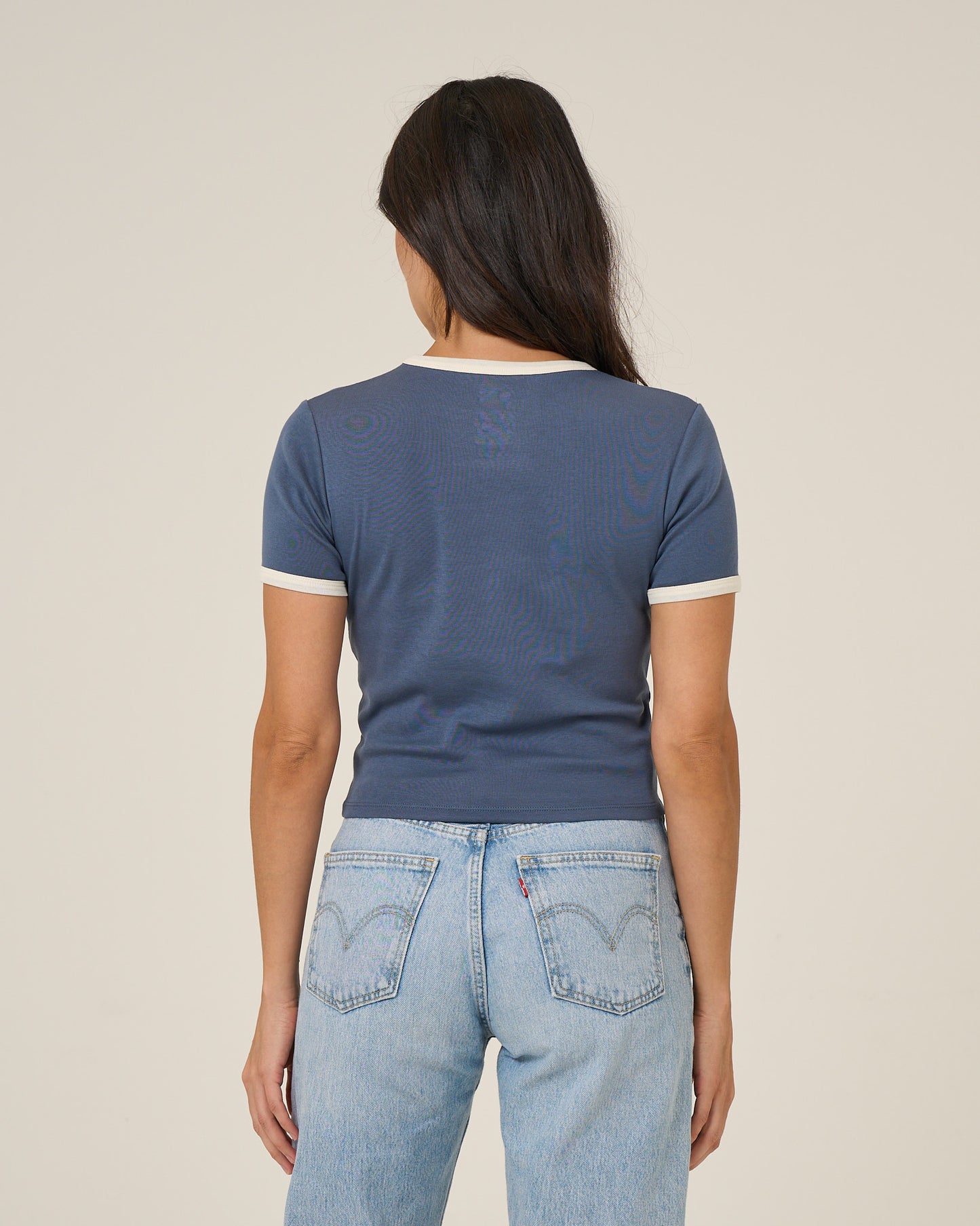 Back view of the Fishing Club Ringer Tee - Indigo.