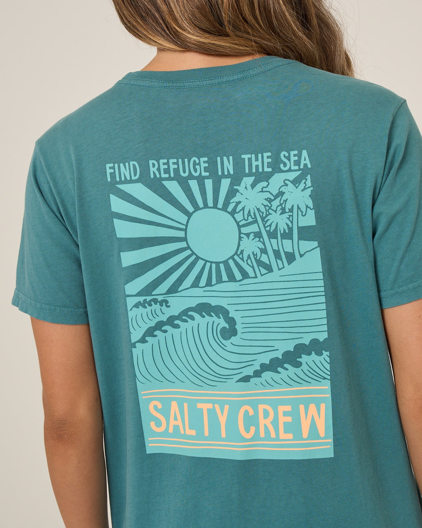 Detail back view of the Rise And Smile Boyfriend Tee - Teal.