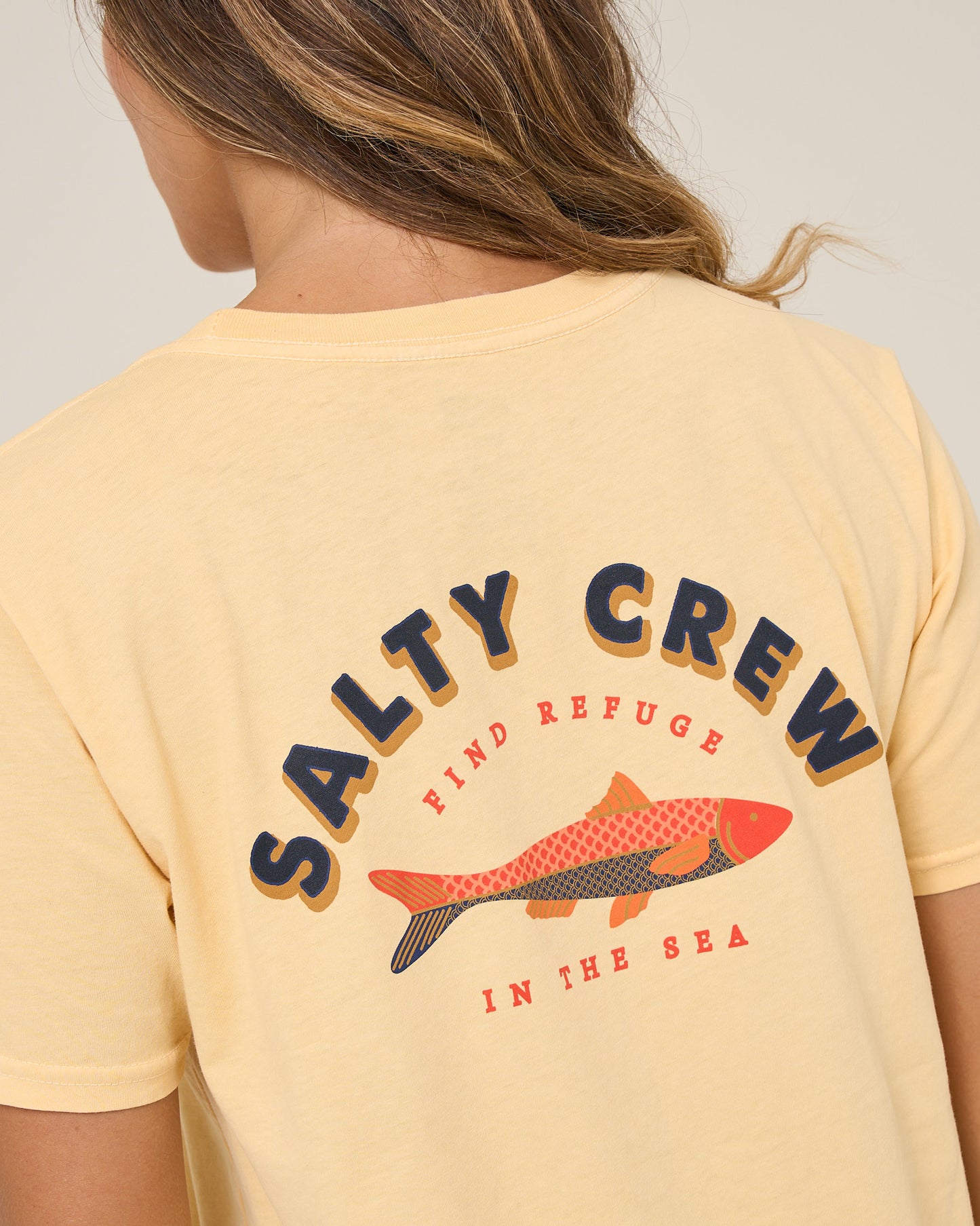 Close up back view of the Salty Sardine Boyfriend Tee - Custard.