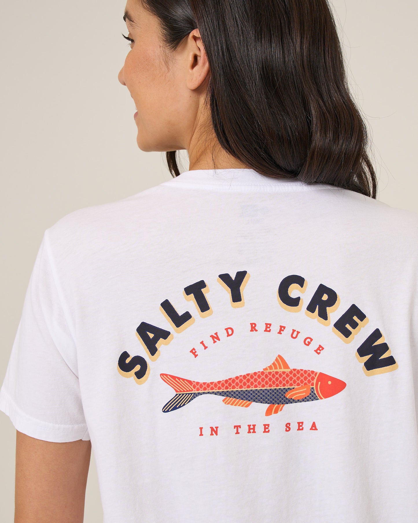 Detail back view of the Salty Sardine Boyfriend Tee - White.