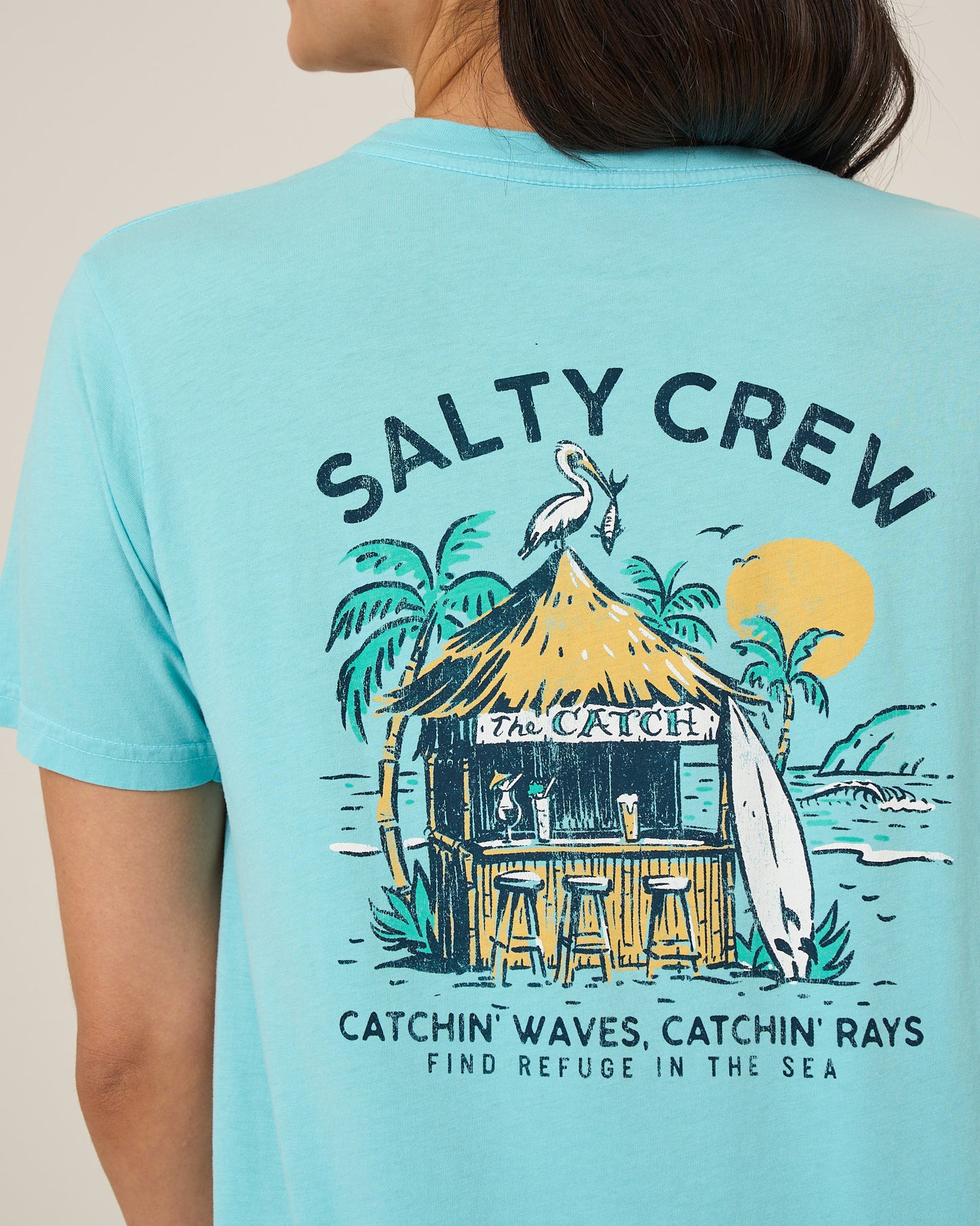 Close up back view of the Beach Hut Boyfriend Tee - Aquamarine.