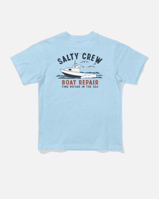 Back view of the Boat Repair Toddler Tee - Clear Sky.