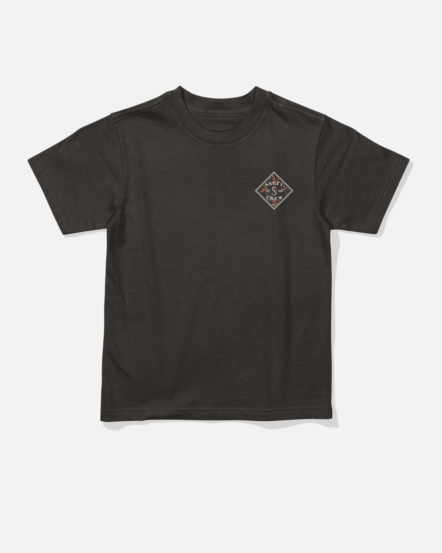 The Tippet Fill Toddler Tee by Salty Crew is a plain black, short-sleeve cotton t-shirt featuring a small diamond-shaped logo screenprinted on the left chest. The combed ringspun shirt is displayed laid flat on a white background.