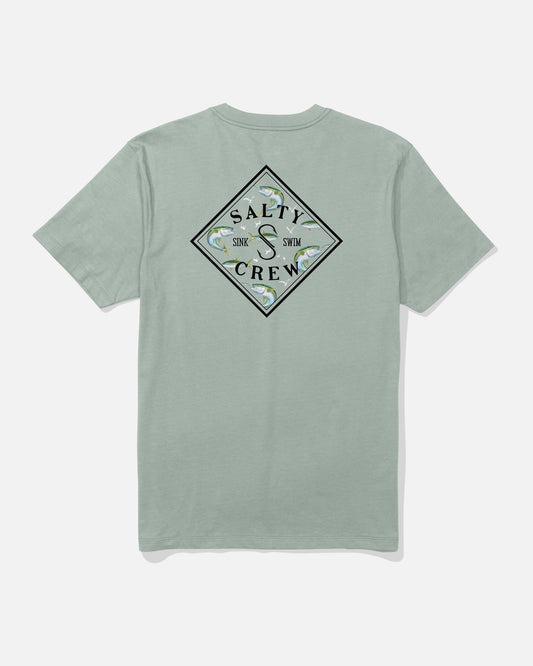 The Salty Crew Tippet Fill Crew Tee in Aqua Grey is a light gray-green combed ringspun cotton t-shirt featuring a diamond-shaped graphic with fish illustrations and the words “Salty Crew” and “Sink or Swim” on the back.
