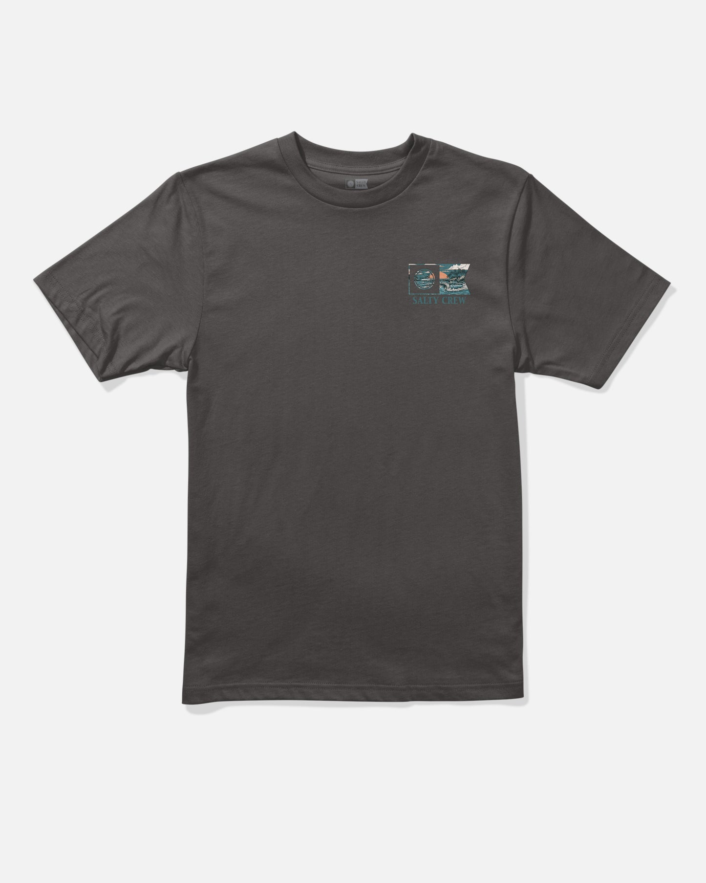 The Salty Crew Flagship Boys Tee in dark grey is a short-sleeve combed ringspun cotton t-shirt featuring a small screenprinted graphic of waves, a sun, and the text “Santa Cruz” on the upper left chest. The shirt is shown against a plain white background.