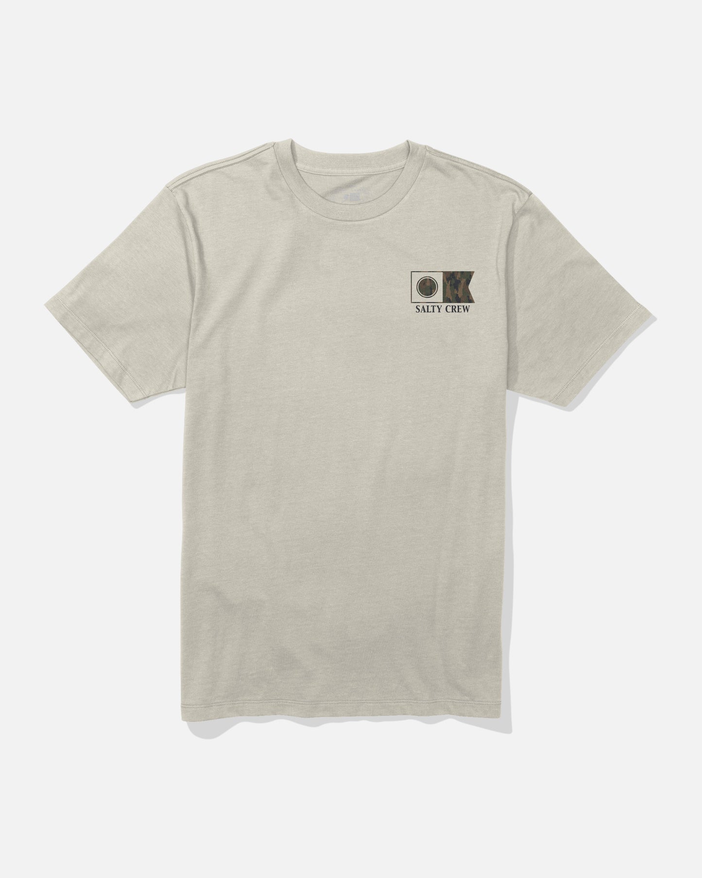 The Flagship Crew Tee - Bone by Salty Crew is a light bone short-sleeve t-shirt made from soft combed ringspun cotton. It features a small screenprinted patch with a fish illustration and circular logo, along with SALTY CREW text on the left chest. Shown laid flat on a white background for detail.
