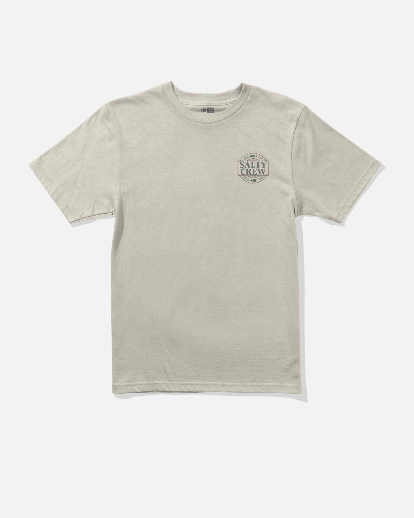 The Split Up Boys Tee - Bone by Salty Crew is a light beige, short-sleeve combed ringspun cotton t-shirt featuring a small, screenprinted Salty Crew logo on the left chest, shown on a white background.