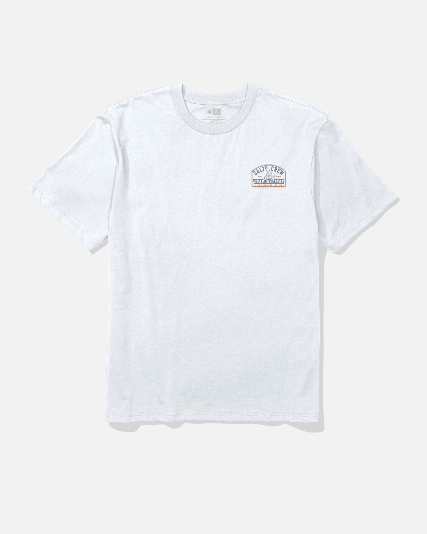 The Salty Crew Gear Shop Original Tee in white is a short-sleeve cotton t-shirt featuring a small, colorful screenprinted graphic logo on the left chest, shown laid flat against a light background.