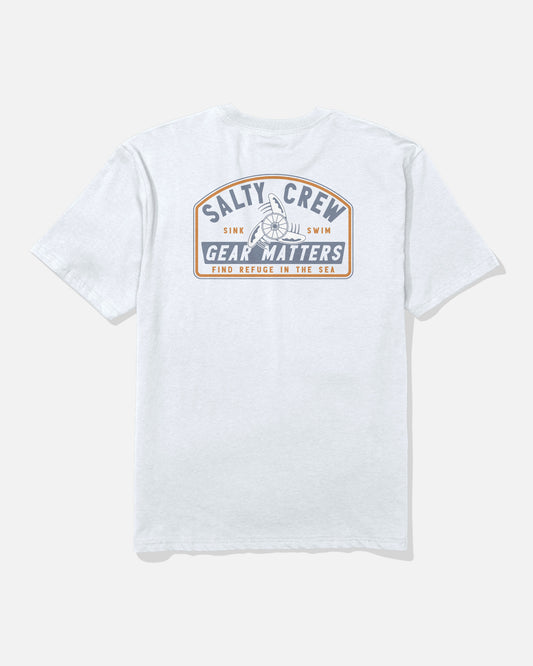 The Salty Crew Gear Shop Original Tee - White is a soft-spun cotton t-shirt in light gray, featuring a back graphic with “Gear Matters, Sink Swim, Find Refuge in the Sea” printed in blue and brown alongside an anchor illustration at the center.