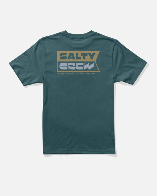 Atlantic blue cotton t-shirt by Salty Crew featuring a screenprinted graphic on the back with “SALTY CREW” in bold letters and “FIND REFUGE IN THE SEA” displayed below in smaller font. The Inverse Flag Boys Tee is crafted from soft combed ringspun cotton and showcases gold, white, and blue accents.