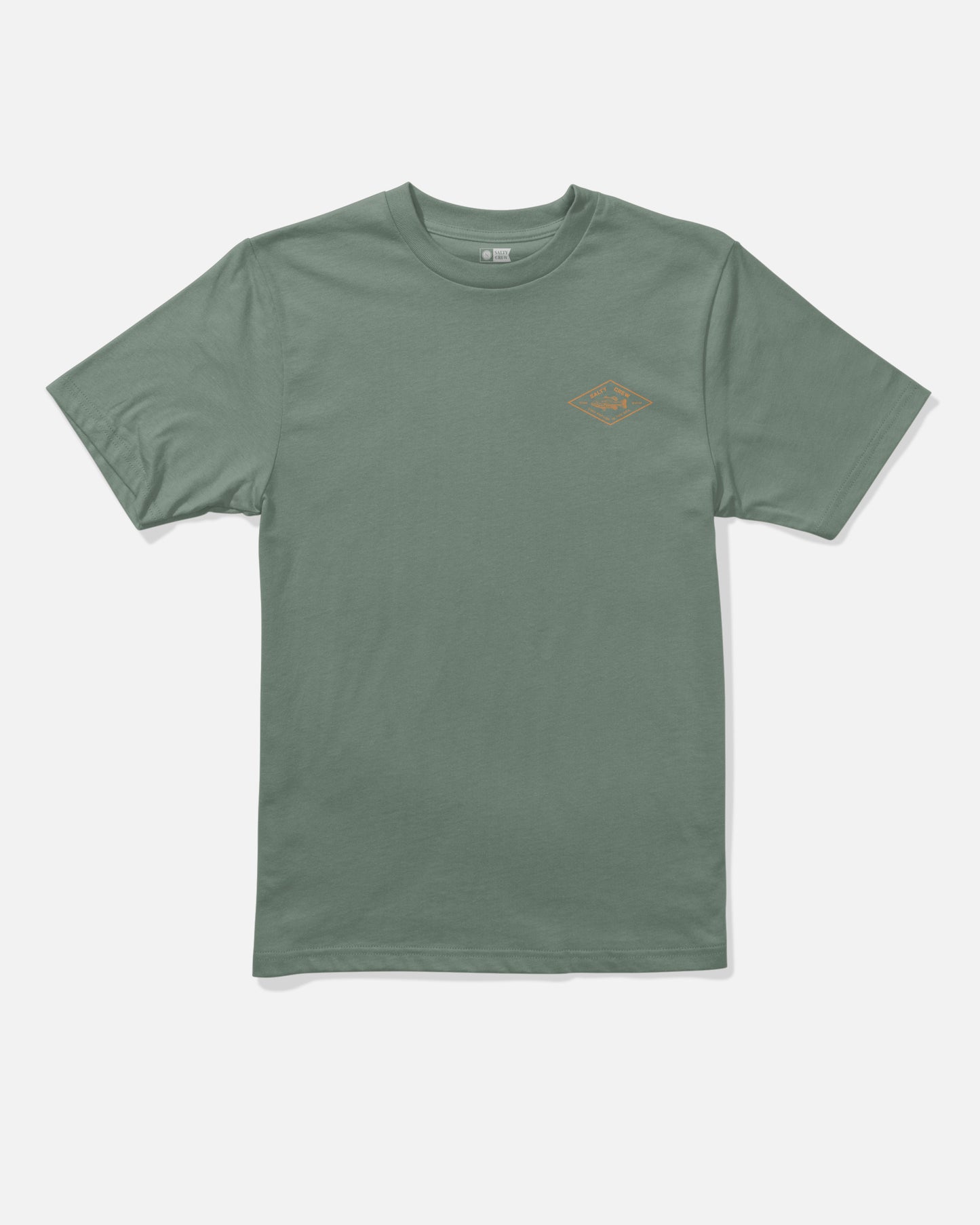 Salty Crew Diamond Bass Boys Tee in laurel wreath: a sage green short-sleeve combed ringspun cotton t-shirt featuring a small tan geometric logo screenprinted on the left chest, displayed flat on a white background.