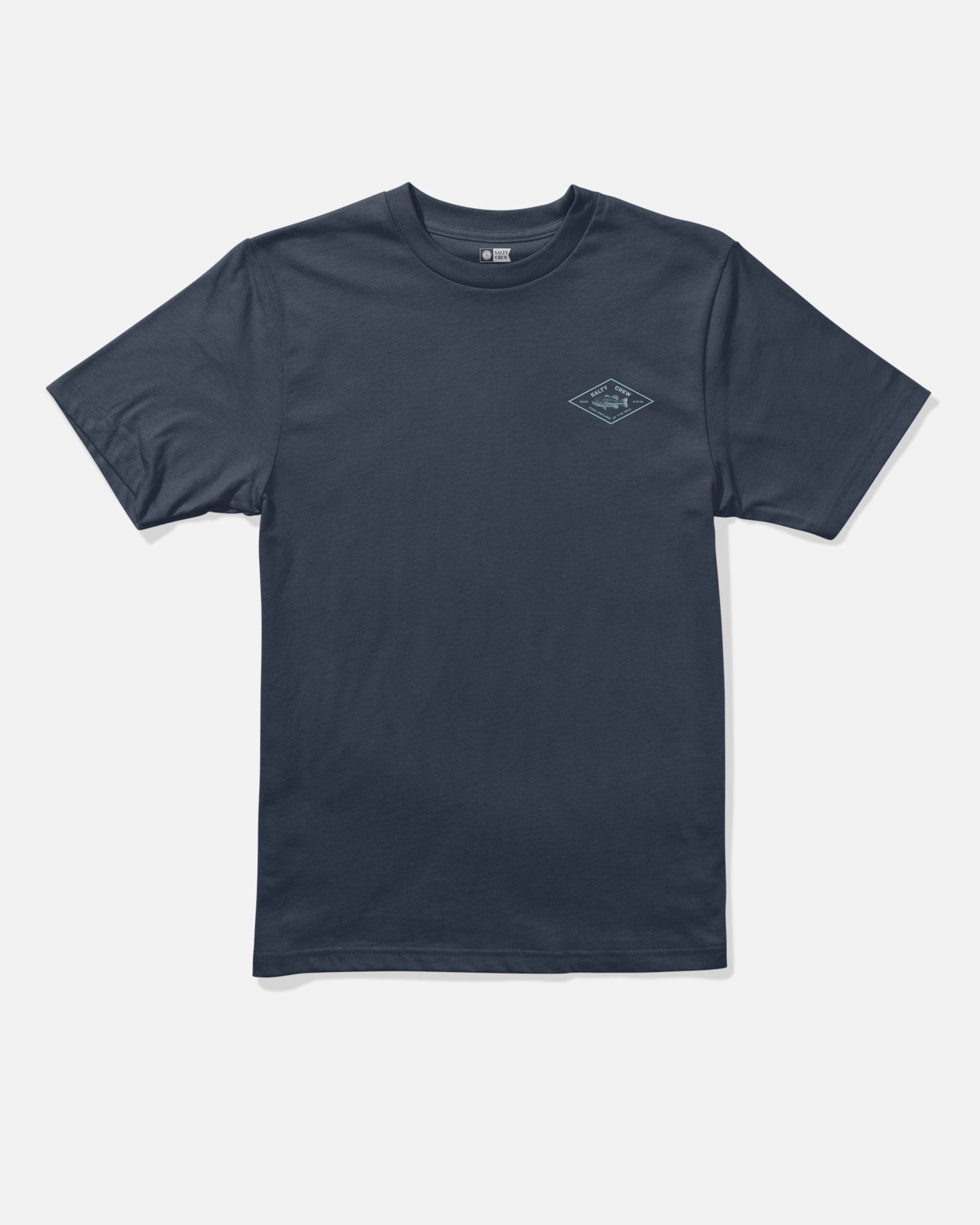 Salty Crew Diamond Bass Boys Tee in navy, featuring short sleeves and a small diamond-shaped screenprinted logo on the left chest, displayed on a plain white background.