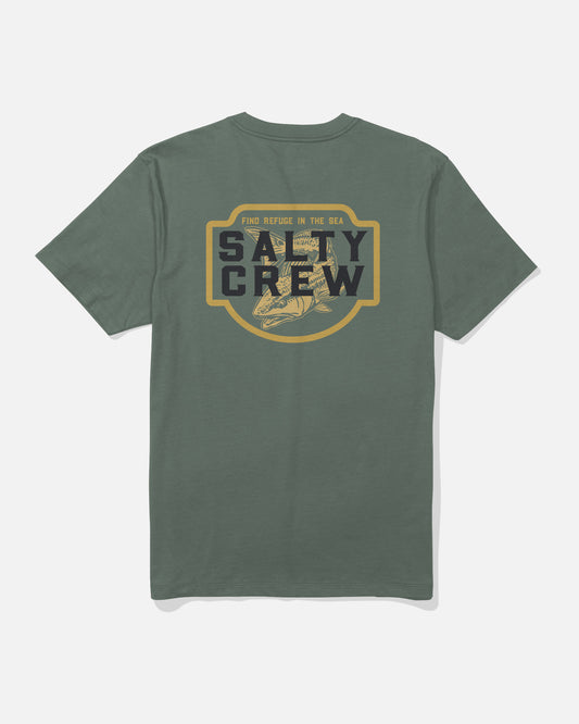 Laurel Wreath green short-sleeve cotton Red Drum Crew Tee by Salty Crew featuring SALTY CREW text and a fish graphic screenprinted on the back, with “FIND REFUGE IN THE SEA” in yellow above the design.