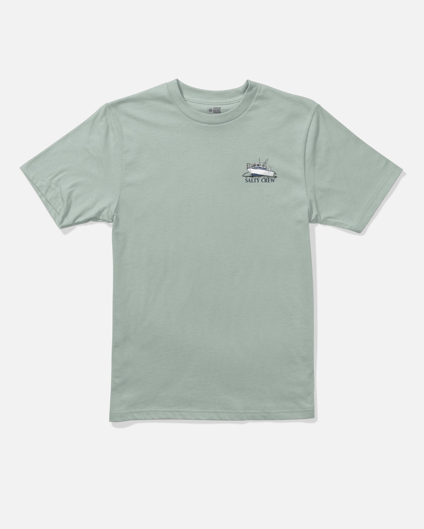 The Salty Crew Throttle Boys Tee in Aqua Grey is a crew-neck, short sleeve t-shirt crafted from combed ringspun cotton. A small screenprinted fishing boat graphic appears on the left chest, with “SALTY CREW” written beneath it in a dark font. The shirt is shown laid flat against a light grey background.