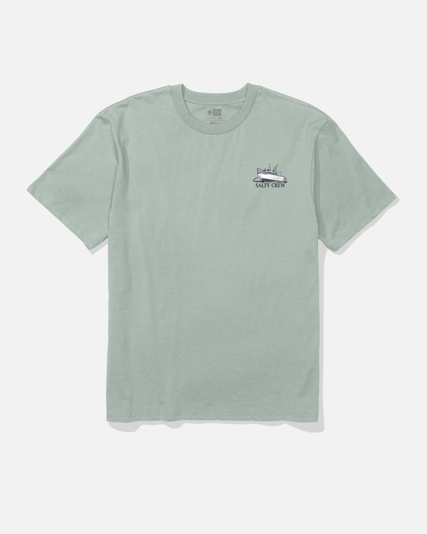 Aqua grey Throttle Original Tee by Salty Crew, crafted from soft spun 100% cotton, featuring a small screenprinted graphic and text reading BABY CREW on the left chest area. The shirt is laid flat on a white background.