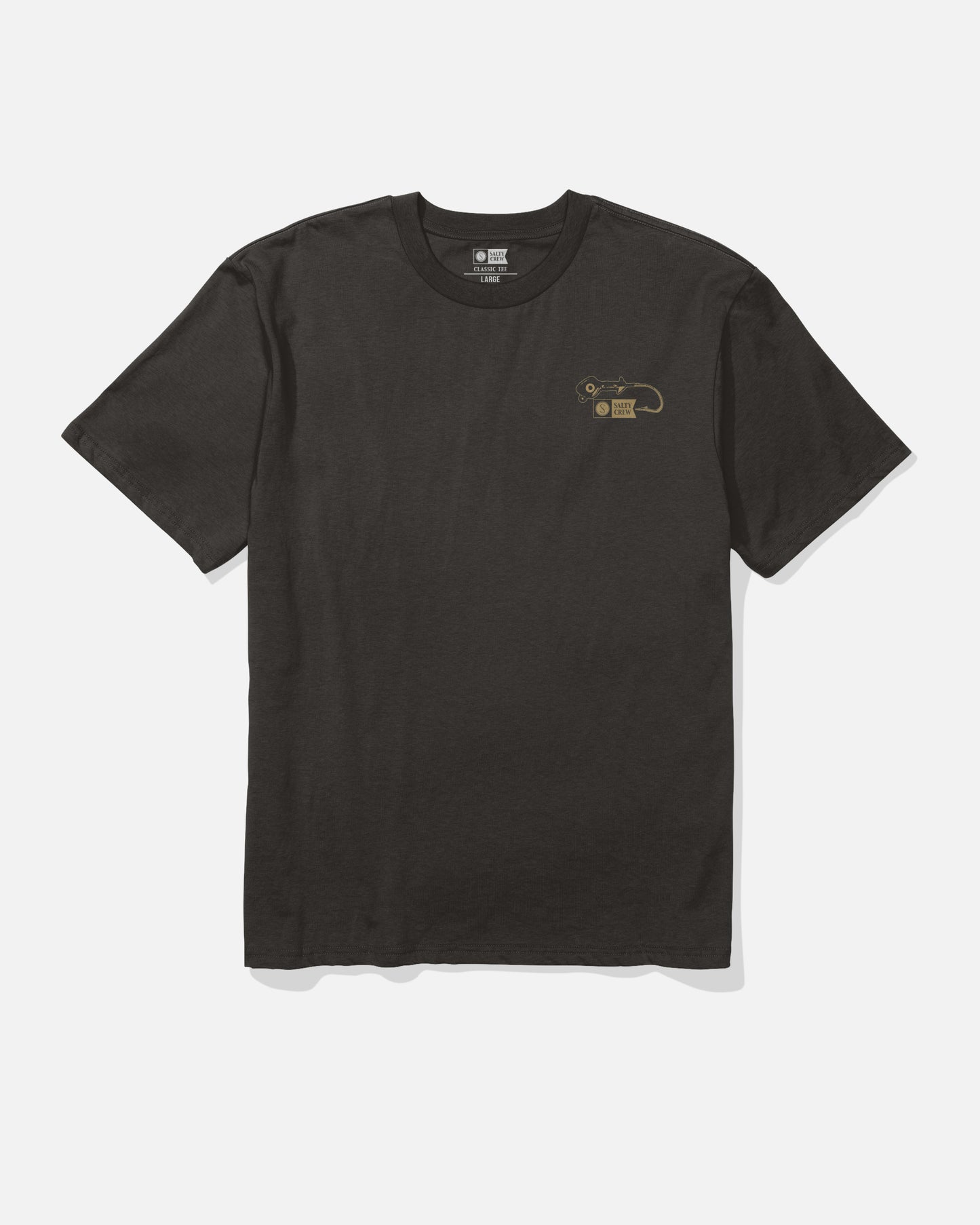The Salty Crew Fish Gear Original Tee - Black is a short-sleeve t-shirt made from soft spun 100% cotton, featuring a small yellow screenprinted graphic and text on the left chest, shown against a white background.
