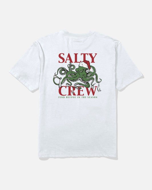 Celebrate the 2025 Inkmas spirit in the Salty Crew Inkmas Holiday Tee - White, featuring a green octopus in a red Santa hat and festive red “SALTY CREW” and green “FIND REFUGE IN THE SEASON” graphics on 100% cotton.