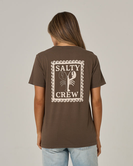 A person stands with their back to the camera, wearing the Salty Crew Lobster Roll Boyfriend Tee in washed brown. This relaxed fit, short sleeve cotton jersey features a lobster illustration and “Salty Crew” printed on the back, offering casual comfort and laid-back style.