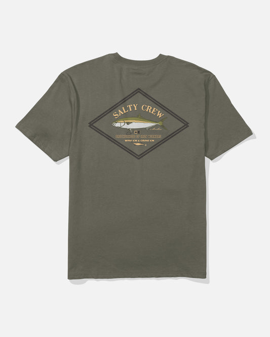 The Salty Crew Yellowtail Heavyweight Tee in washed dusty olive is a short-sleeve shirt with a large diamond-shaped graphic on the back, featuring stylized fish and nautical details in tan, yellow, and brown tones.