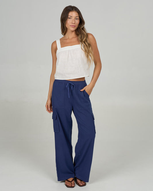 Front view of the Driftwood Pant - Bright Navy.