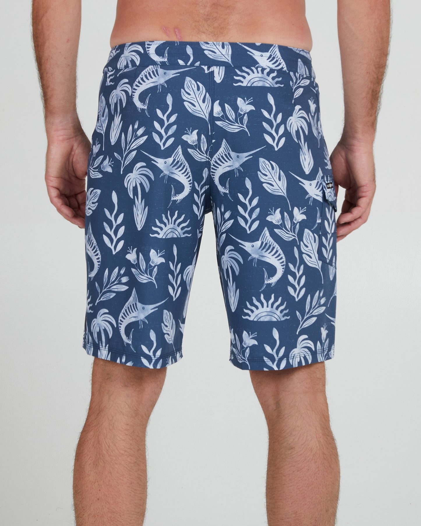 On body back of the Lowtide Denim/White Boardshort