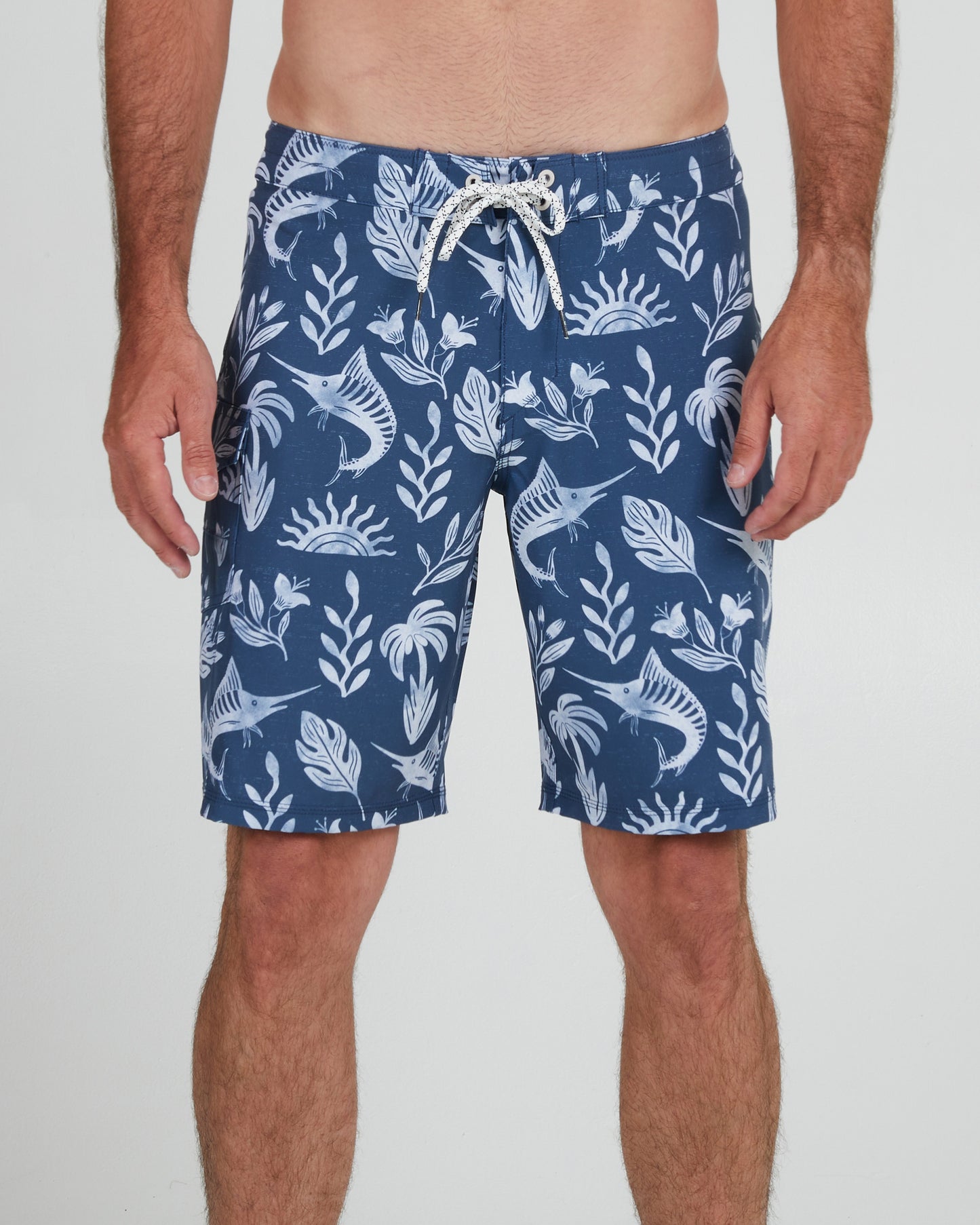 On body front of the Lowtide Denim/White Boardshort